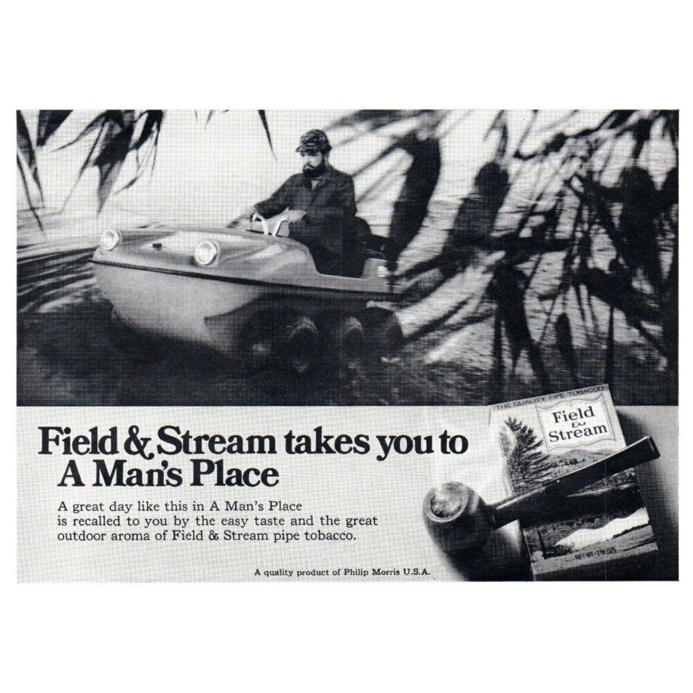 1971 Field & Stream Tobacco Vintage Print Ad 6x6 Amphibious ATV Sexist Wall Art